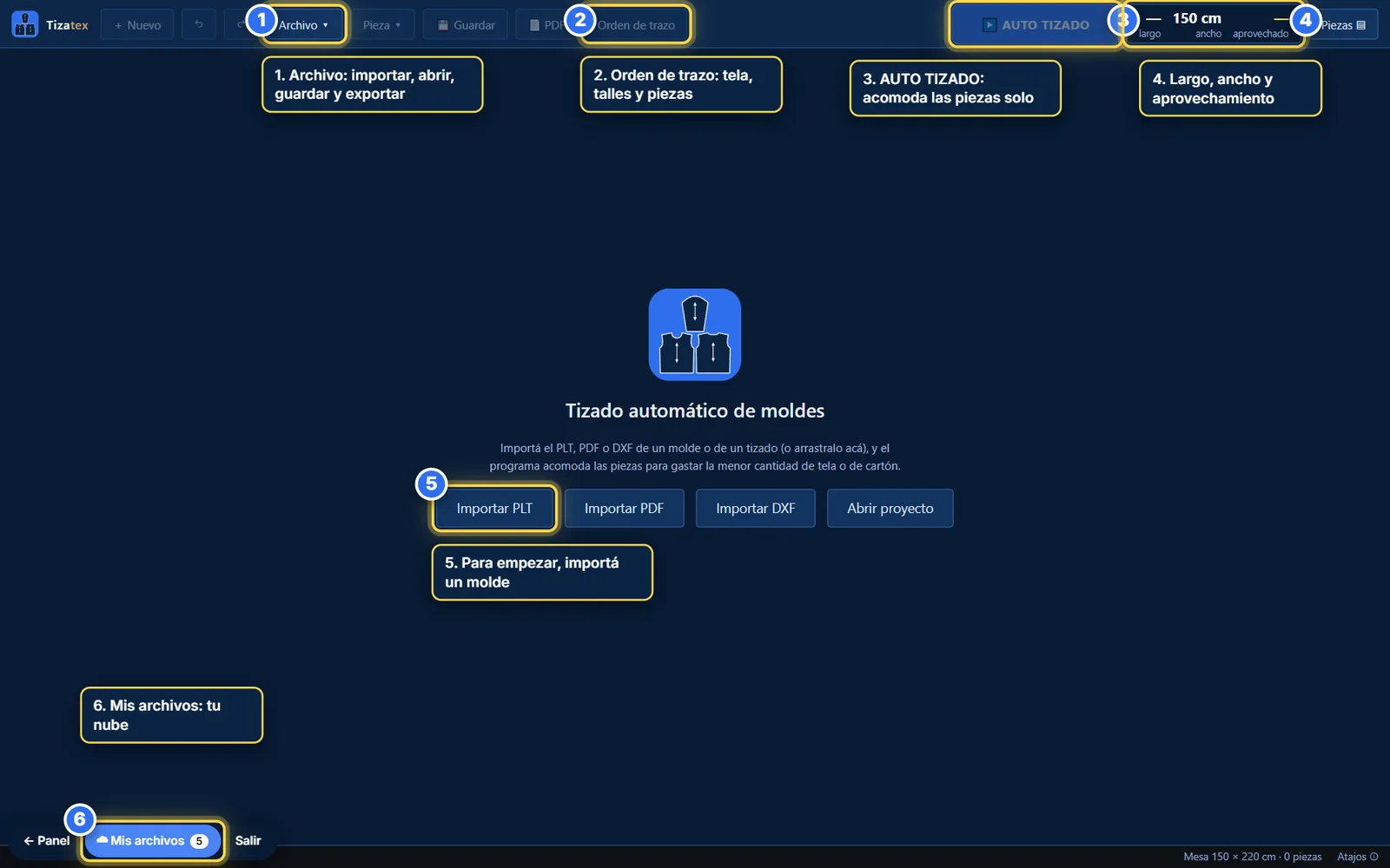 Pantalla inicial de Tizatex, vacía, con seis números que marcan el menú Archivo, Orden de trazo, el botón AUTO TIZADO, el cuadro de largo y ancho, los botones de importar y el acceso a Mis archivos