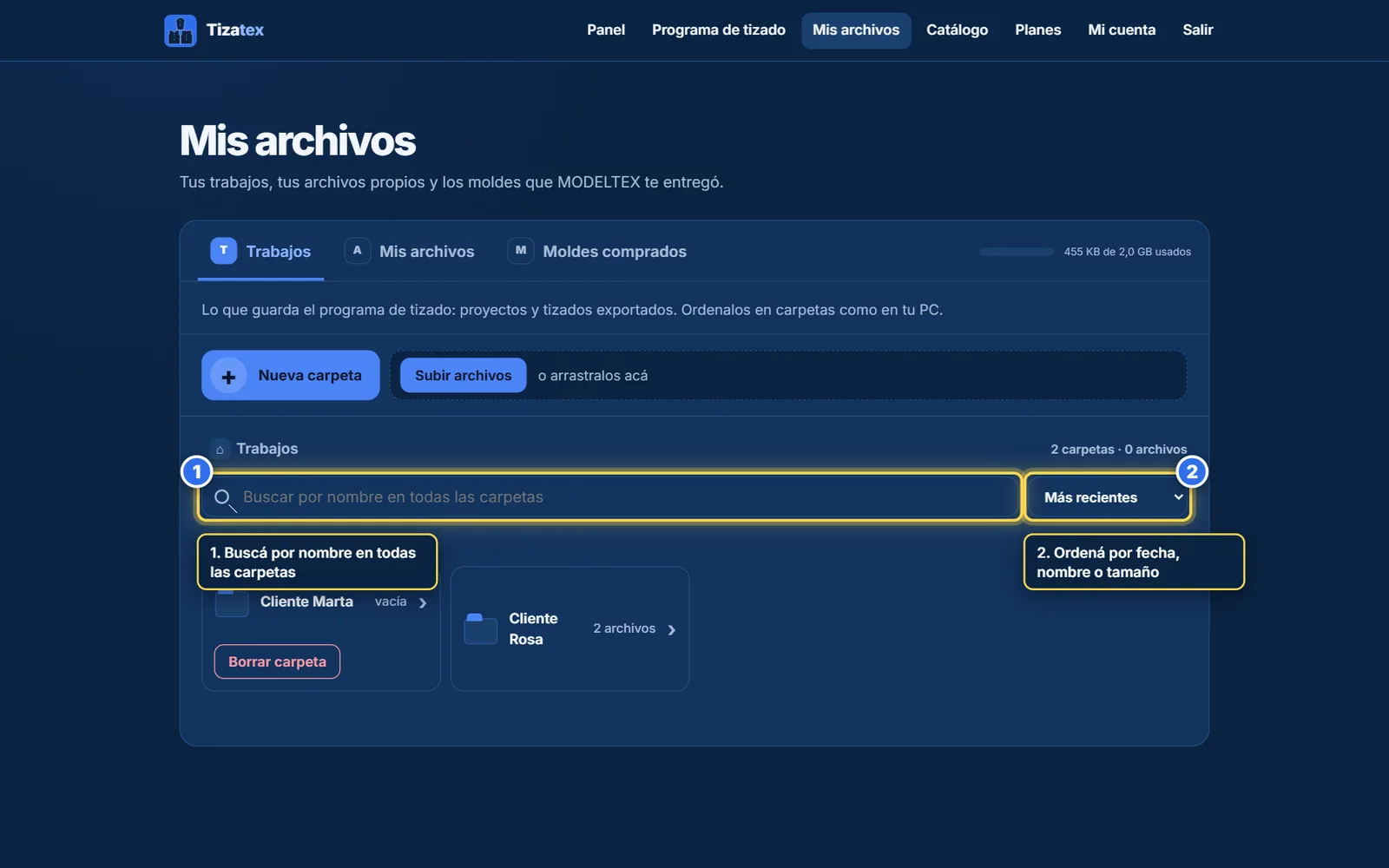 Buscador por nombre y selector de orden en la página Mis archivos