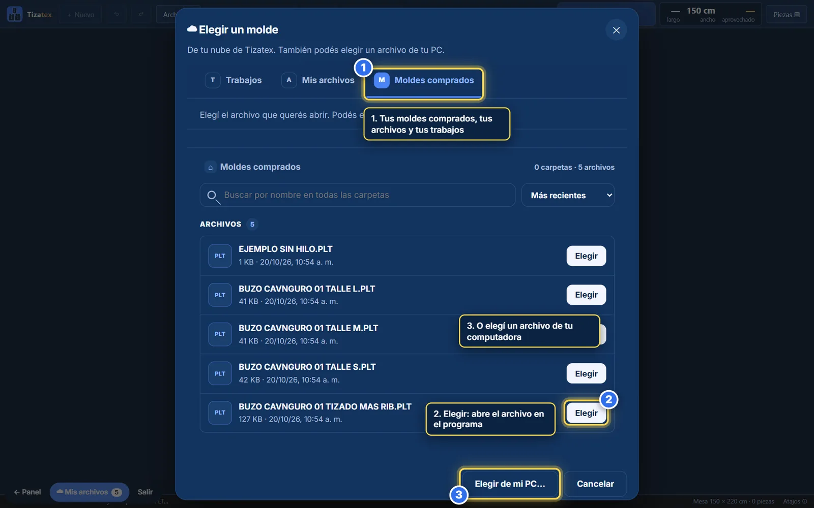 Cuadro Elegir un molde con la pestaña Moldes comprados, la lista de archivos con el botón Elegir y el botón Elegir de mi PC