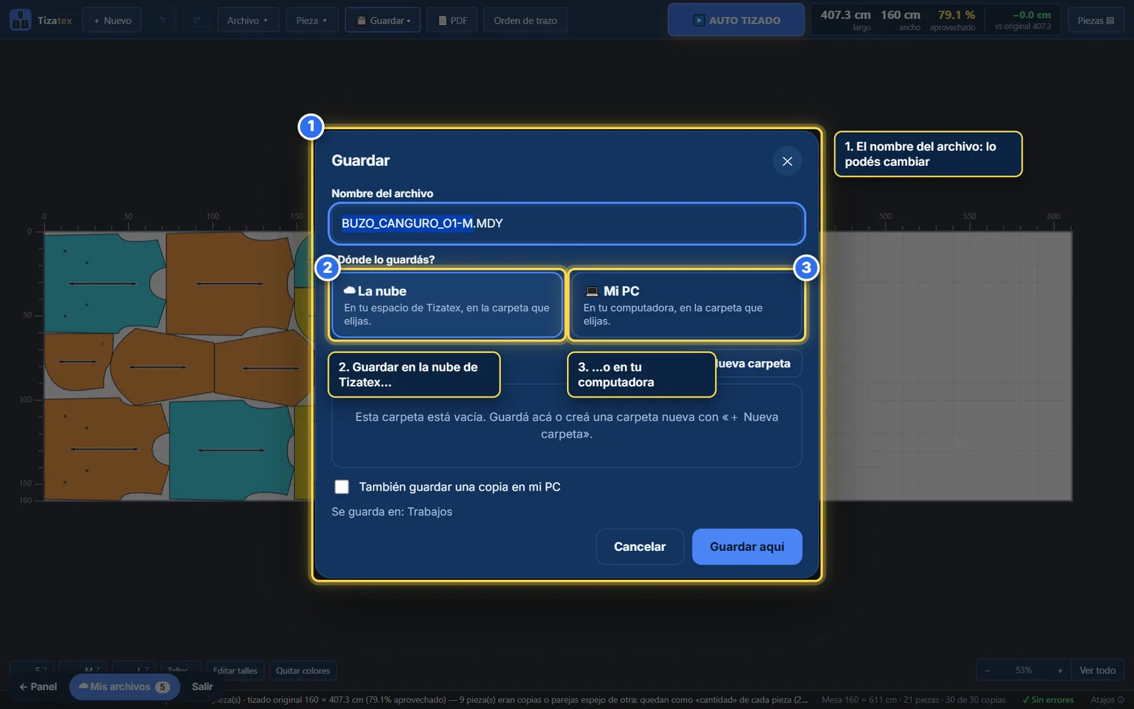 Cuadro Guardar con el nombre del archivo, las opciones La nube y Mi PC, y el explorador de carpetas