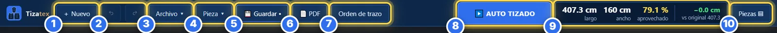 La barra superior de Tizatex con diez botones numerados